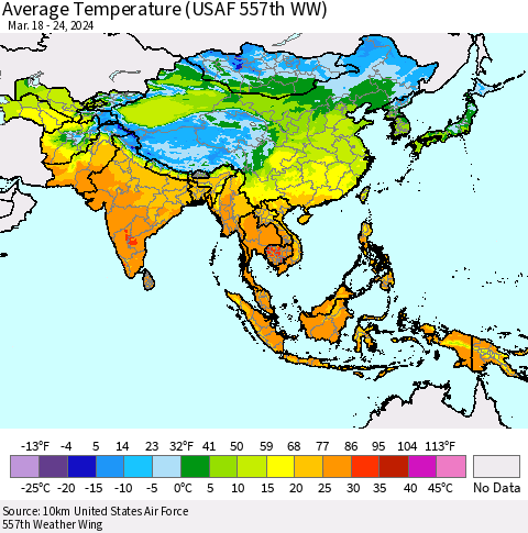 Asia Average Temperature (USAF 557th WW) Thematic Map For 3/18/2024 - 3/24/2024