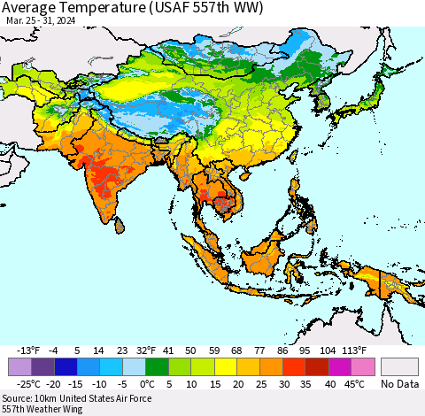 Asia Average Temperature (USAF 557th WW) Thematic Map For 3/25/2024 - 3/31/2024