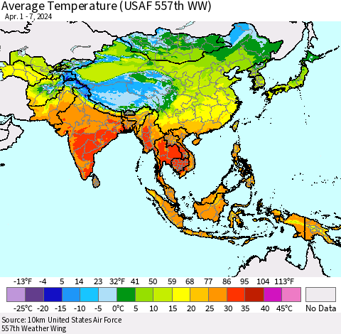 Asia Average Temperature (USAF 557th WW) Thematic Map For 4/1/2024 - 4/7/2024