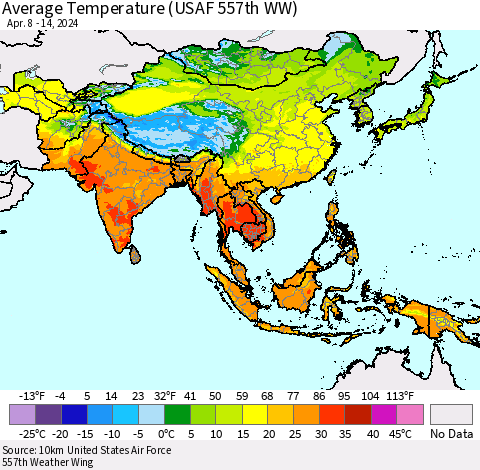 Asia Average Temperature (USAF 557th WW) Thematic Map For 4/8/2024 - 4/14/2024
