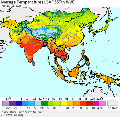 Asia Average Temperature (USAF 557th WW) Thematic Map For 4/15/2024 - 4/21/2024