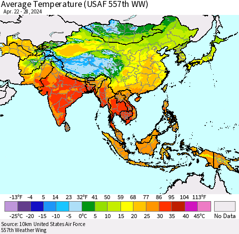 Asia Average Temperature (USAF 557th WW) Thematic Map For 4/22/2024 - 4/28/2024