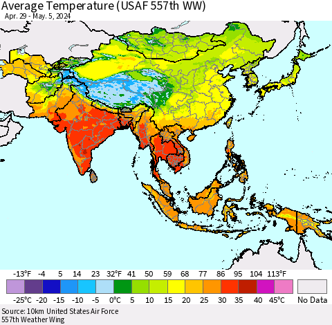 Asia Average Temperature (USAF 557th WW) Thematic Map For 4/29/2024 - 5/5/2024