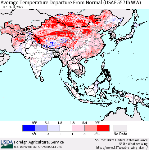 Asia Average Temperature Departure from Normal (USAF 557th WW) Thematic Map For 1/3/2022 - 1/9/2022