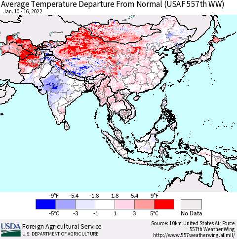 Asia Average Temperature Departure from Normal (USAF 557th WW) Thematic Map For 1/10/2022 - 1/16/2022