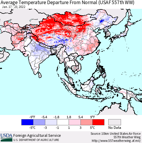Asia Average Temperature Departure from Normal (USAF 557th WW) Thematic Map For 1/17/2022 - 1/23/2022