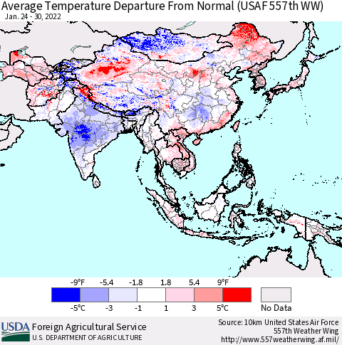 Asia Average Temperature Departure from Normal (USAF 557th WW) Thematic Map For 1/24/2022 - 1/30/2022