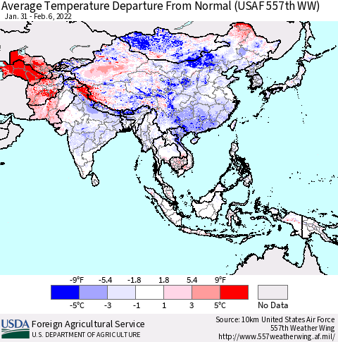 Asia Average Temperature Departure from Normal (USAF 557th WW) Thematic Map For 1/31/2022 - 2/6/2022