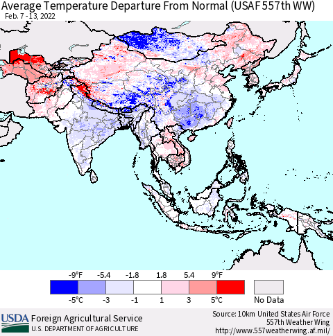 Asia Average Temperature Departure from Normal (USAF 557th WW) Thematic Map For 2/7/2022 - 2/13/2022