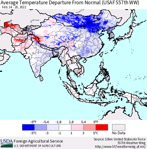 Asia Average Temperature Departure from Normal (USAF 557th WW) Thematic Map For 2/14/2022 - 2/20/2022
