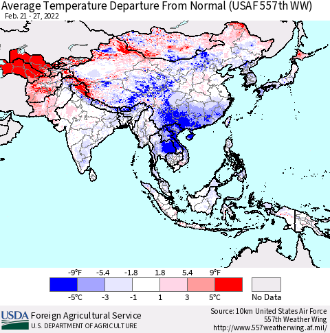 Asia Average Temperature Departure from Normal (USAF 557th WW) Thematic Map For 2/21/2022 - 2/27/2022