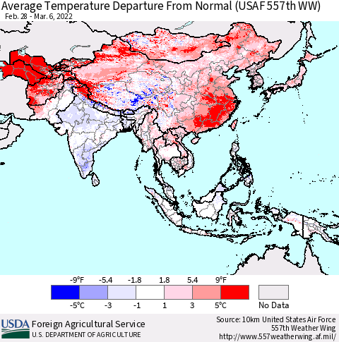 Asia Average Temperature Departure from Normal (USAF 557th WW) Thematic Map For 2/28/2022 - 3/6/2022