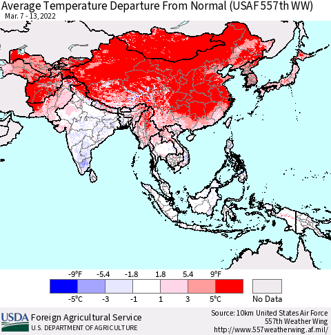 Asia Average Temperature Departure from Normal (USAF 557th WW) Thematic Map For 3/7/2022 - 3/13/2022