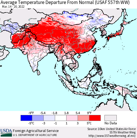 Asia Average Temperature Departure from Normal (USAF 557th WW) Thematic Map For 3/14/2022 - 3/20/2022