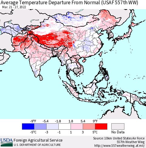 Asia Average Temperature Departure from Normal (USAF 557th WW) Thematic Map For 3/21/2022 - 3/27/2022