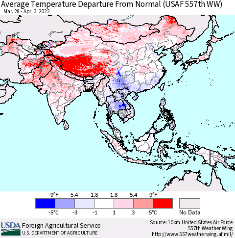 Asia Average Temperature Departure from Normal (USAF 557th WW) Thematic Map For 3/28/2022 - 4/3/2022