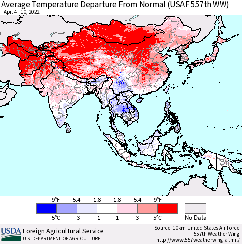 Asia Average Temperature Departure from Normal (USAF 557th WW) Thematic Map For 4/4/2022 - 4/10/2022