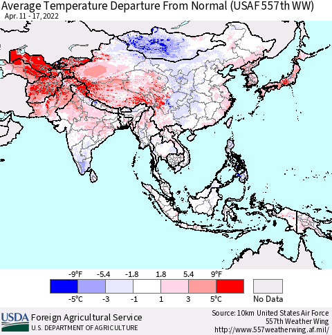 Asia Average Temperature Departure from Normal (USAF 557th WW) Thematic Map For 4/11/2022 - 4/17/2022