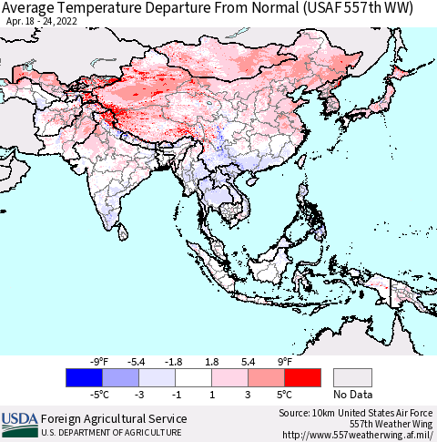Asia Average Temperature Departure from Normal (USAF 557th WW) Thematic Map For 4/18/2022 - 4/24/2022