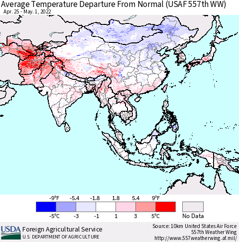 Asia Average Temperature Departure from Normal (USAF 557th WW) Thematic Map For 4/25/2022 - 5/1/2022