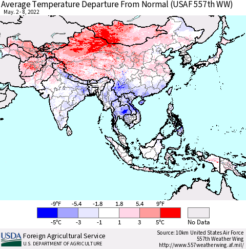 Asia Average Temperature Departure from Normal (USAF 557th WW) Thematic Map For 5/2/2022 - 5/8/2022
