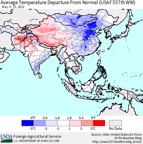 Asia Average Temperature Departure from Normal (USAF 557th WW) Thematic Map For 5/9/2022 - 5/15/2022