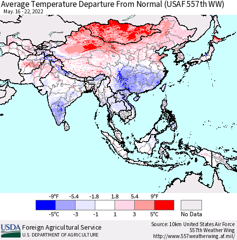 Asia Average Temperature Departure from Normal (USAF 557th WW) Thematic Map For 5/16/2022 - 5/22/2022