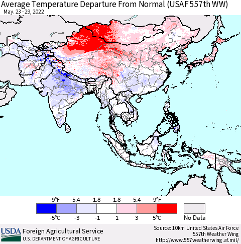 Asia Average Temperature Departure from Normal (USAF 557th WW) Thematic Map For 5/23/2022 - 5/29/2022