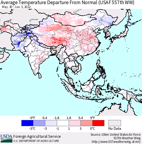 Asia Average Temperature Departure from Normal (USAF 557th WW) Thematic Map For 5/30/2022 - 6/5/2022