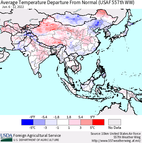 Asia Average Temperature Departure from Normal (USAF 557th WW) Thematic Map For 6/6/2022 - 6/12/2022
