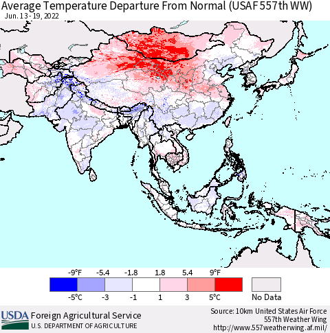 Asia Average Temperature Departure from Normal (USAF 557th WW) Thematic Map For 6/13/2022 - 6/19/2022