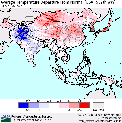 Asia Average Temperature Departure from Normal (USAF 557th WW) Thematic Map For 6/20/2022 - 6/26/2022