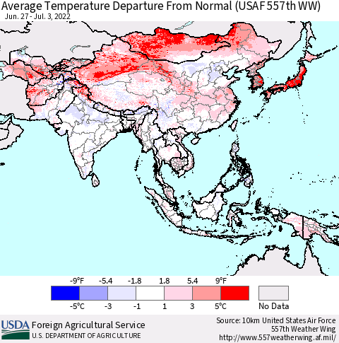 Asia Average Temperature Departure from Normal (USAF 557th WW) Thematic Map For 6/27/2022 - 7/3/2022