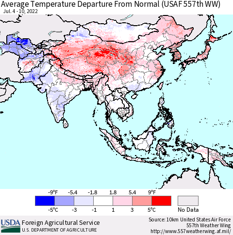 Asia Average Temperature Departure from Normal (USAF 557th WW) Thematic Map For 7/4/2022 - 7/10/2022