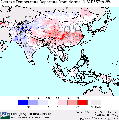 Asia Average Temperature Departure from Normal (USAF 557th WW) Thematic Map For 7/11/2022 - 7/17/2022