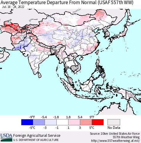 Asia Average Temperature Departure from Normal (USAF 557th WW) Thematic Map For 7/18/2022 - 7/24/2022