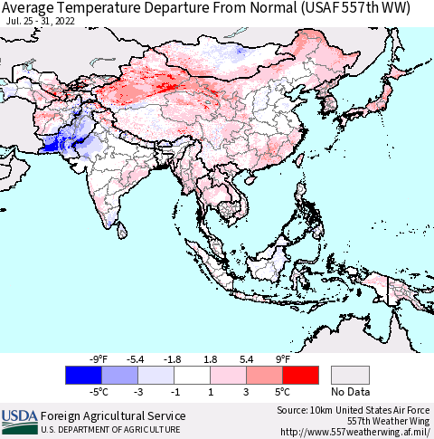 Asia Average Temperature Departure from Normal (USAF 557th WW) Thematic Map For 7/25/2022 - 7/31/2022