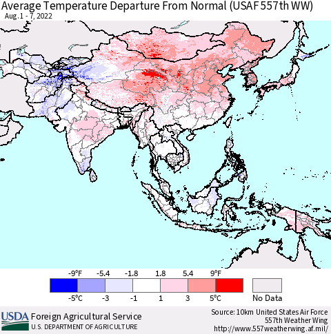 Asia Average Temperature Departure from Normal (USAF 557th WW) Thematic Map For 8/1/2022 - 8/7/2022