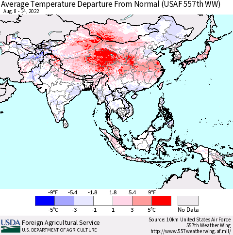 Asia Average Temperature Departure from Normal (USAF 557th WW) Thematic Map For 8/8/2022 - 8/14/2022