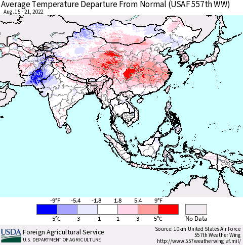 Asia Average Temperature Departure from Normal (USAF 557th WW) Thematic Map For 8/15/2022 - 8/21/2022