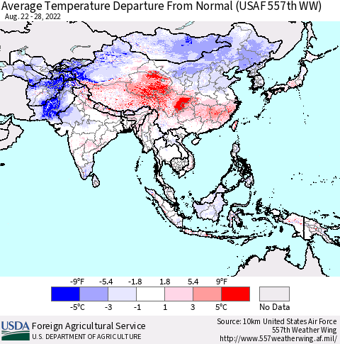 Asia Average Temperature Departure from Normal (USAF 557th WW) Thematic Map For 8/22/2022 - 8/28/2022