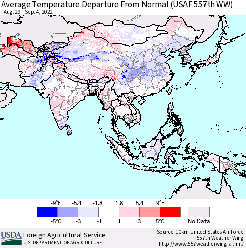 Asia Average Temperature Departure from Normal (USAF 557th WW) Thematic Map For 8/29/2022 - 9/4/2022