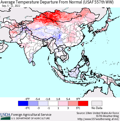 Asia Average Temperature Departure from Normal (USAF 557th WW) Thematic Map For 9/5/2022 - 9/11/2022