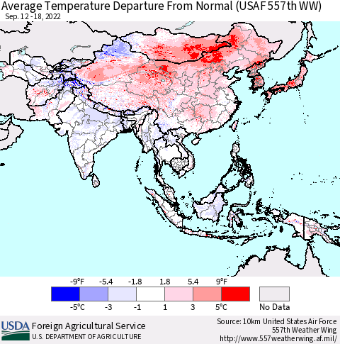 Asia Average Temperature Departure from Normal (USAF 557th WW) Thematic Map For 9/12/2022 - 9/18/2022