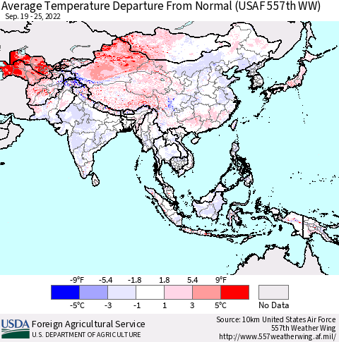 Asia Average Temperature Departure from Normal (USAF 557th WW) Thematic Map For 9/19/2022 - 9/25/2022