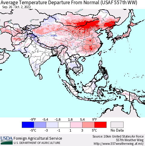 Asia Average Temperature Departure from Normal (USAF 557th WW) Thematic Map For 9/26/2022 - 10/2/2022