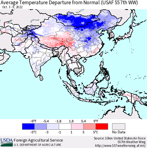 Asia Average Temperature Departure from Normal (USAF 557th WW) Thematic Map For 10/3/2022 - 10/9/2022
