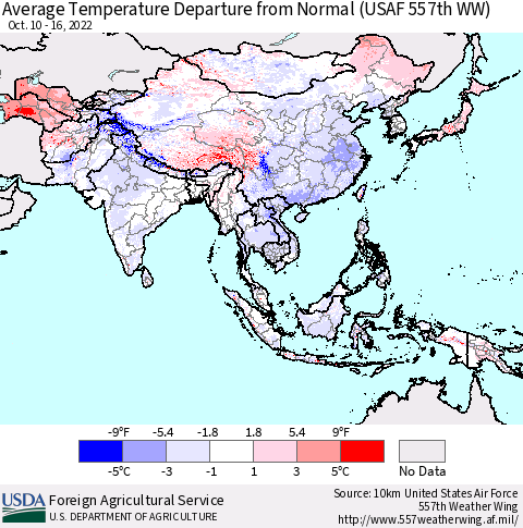 Asia Average Temperature Departure from Normal (USAF 557th WW) Thematic Map For 10/10/2022 - 10/16/2022