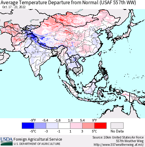 Asia Average Temperature Departure from Normal (USAF 557th WW) Thematic Map For 10/17/2022 - 10/23/2022