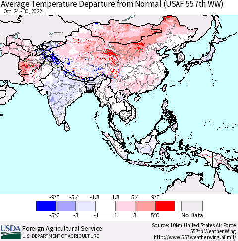 Asia Average Temperature Departure from Normal (USAF 557th WW) Thematic Map For 10/24/2022 - 10/30/2022